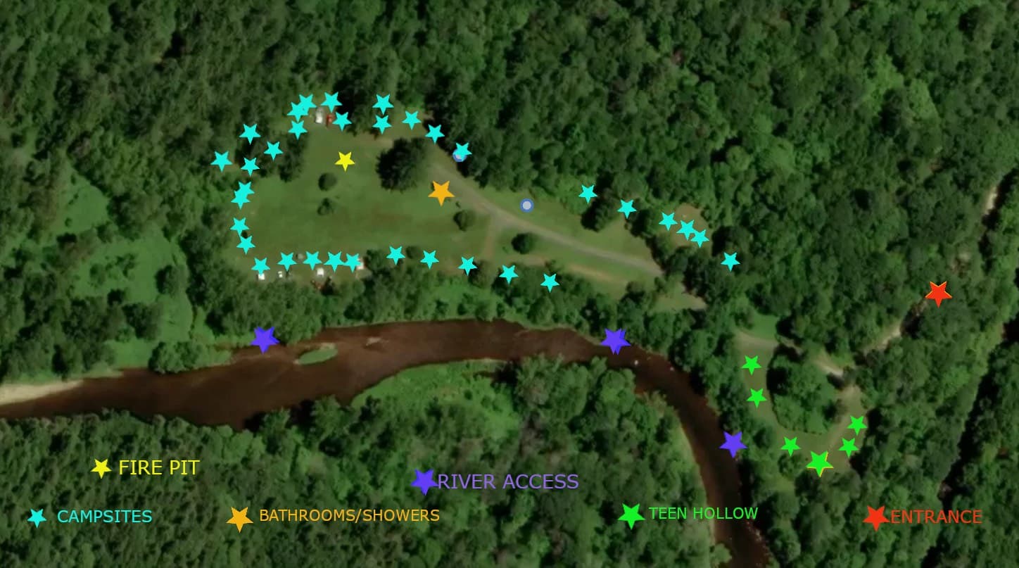 Aerial map of Indian Hollow Campground showing campsites around the main meadow, the fire pit, bathrooms and showers, river access points, Teen Hollow in the south loop, and the entrance